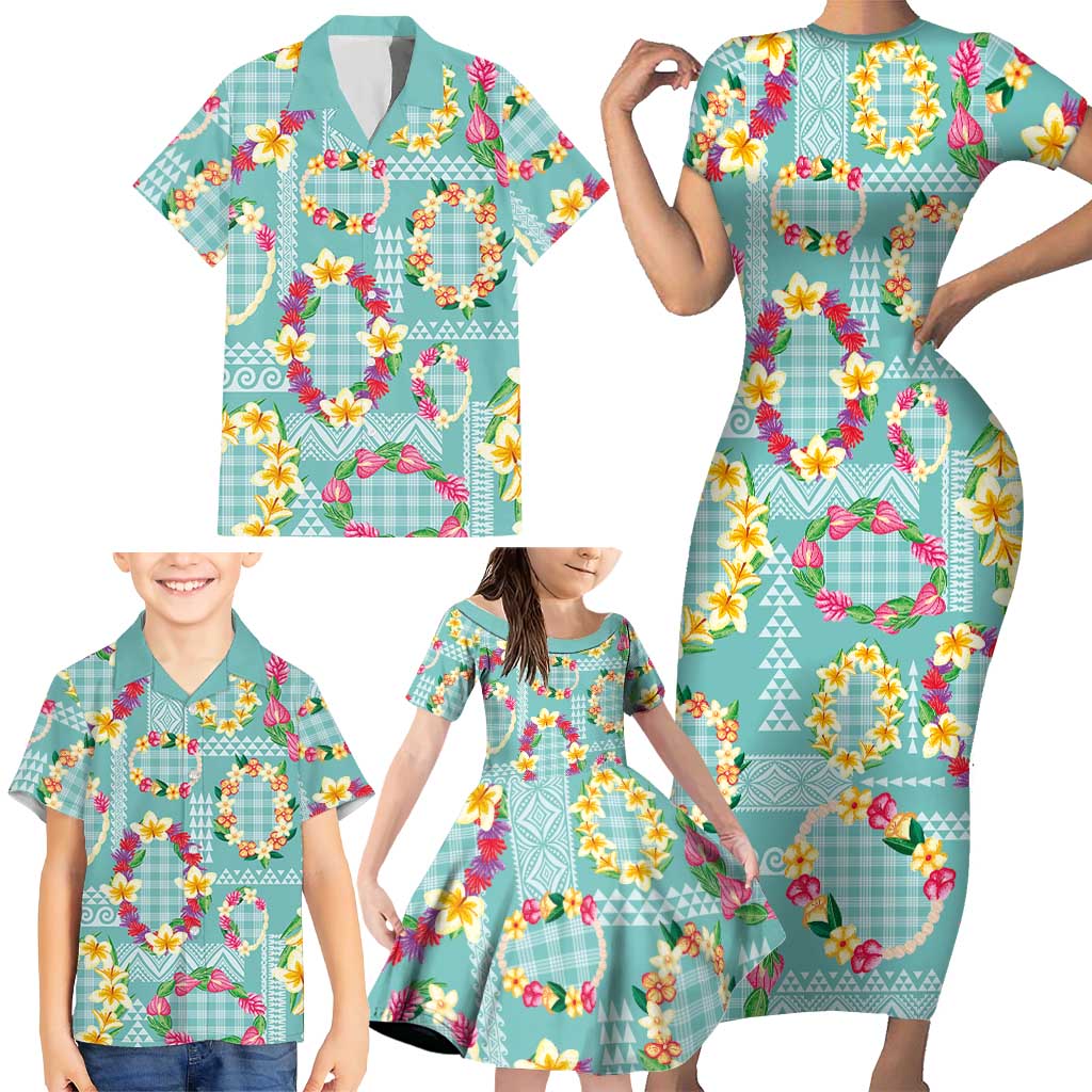 Hawaiian Leis Family Matching Short Sleeve Bodycon Dress and Hawaiian Shirt Kakau Tattoos and Palaka Pastel Teal Color LT03 - Polynesian Pride
