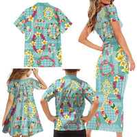 Hawaiian Leis Family Matching Short Sleeve Bodycon Dress and Hawaiian Shirt Kakau Tattoos and Palaka Pastel Teal Color
