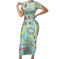Hawaiian Leis Family Matching Short Sleeve Bodycon Dress and Hawaiian Shirt Kakau Tattoos and Palaka Pastel Teal Color