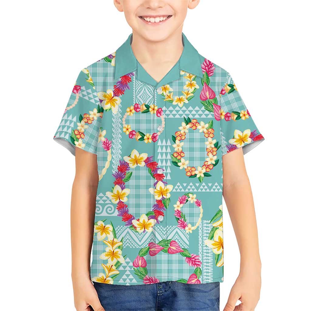 Hawaiian Leis Family Matching Short Sleeve Bodycon Dress and Hawaiian Shirt Kakau Tattoos and Palaka Pastel Teal Color