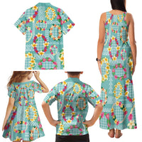 Hawaiian Leis Family Matching Tank Maxi Dress and Hawaiian Shirt Kakau Tattoos and Palaka Pastel Teal Color