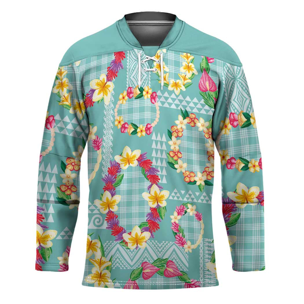 Hawaiian Leis Hockey Jersey Kakau Tattoos and Palaka Pastel Teal Color LT03 Unisex Teal - Polynesian Pride
