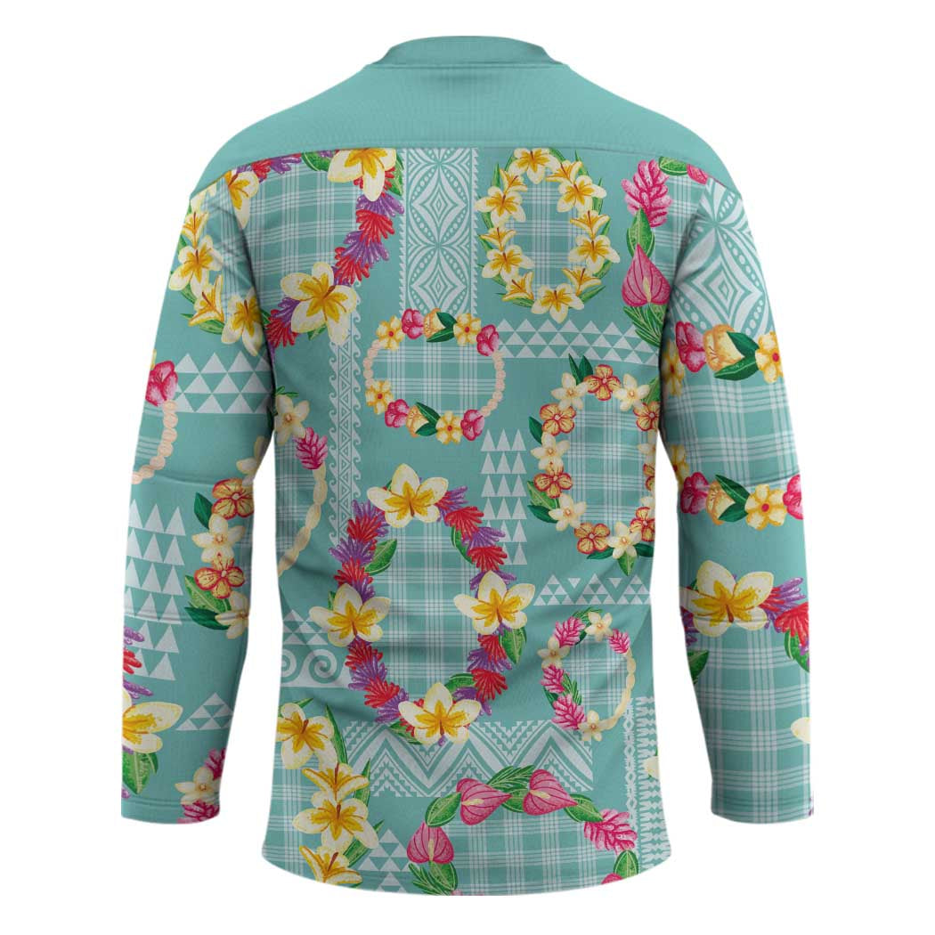 Hawaiian Leis Hockey Jersey Kakau Tattoos and Palaka Pastel Teal Color LT03 - Polynesian Pride