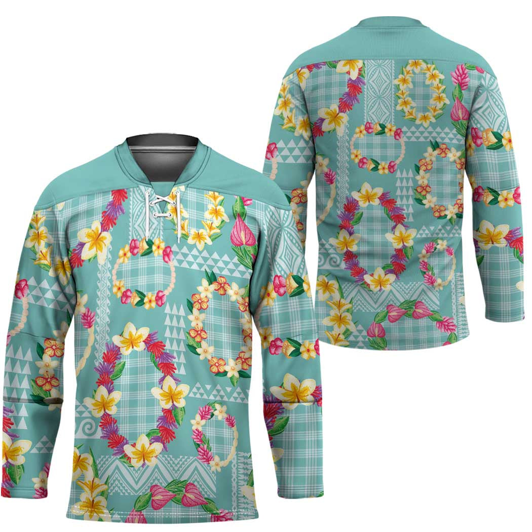 Hawaiian Leis Hockey Jersey Kakau Tattoos and Palaka Pastel Teal Color LT03 - Polynesian Pride