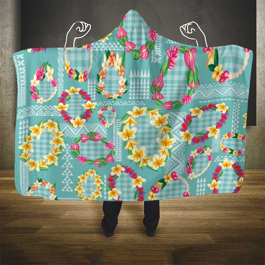 Hawaiian Leis Hooded Blanket Kakau Tattoos and Palaka Pastel Teal Color LT03 - Polynesian Pride