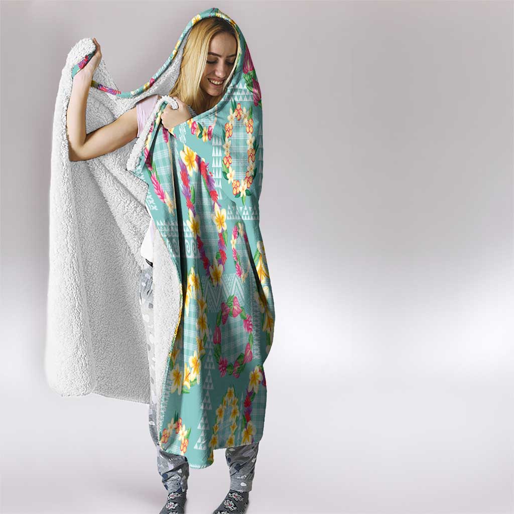 Hawaiian Leis Hooded Blanket Kakau Tattoos and Palaka Pastel Teal Color LT03 - Polynesian Pride