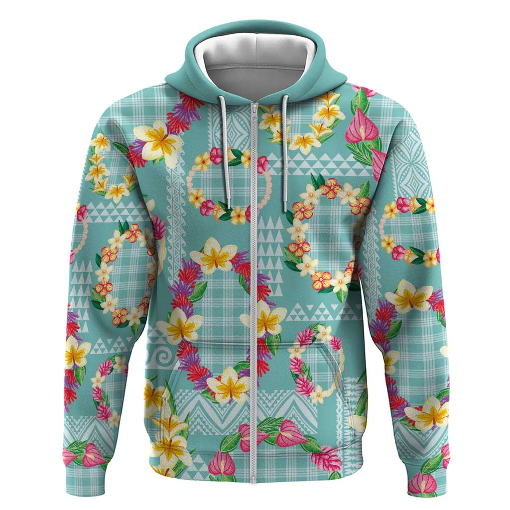 Hawaiian Leis Hoodie Kakau Tattoos and Palaka Pastel Teal Color LT03 Zip Hoodie Teal - Polynesian Pride