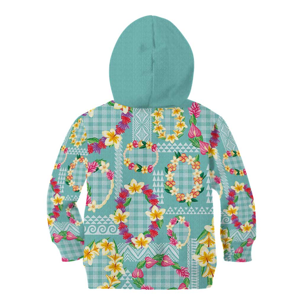 Hawaiian Leis Kid Hoodie Kakau Tattoos and Palaka Pastel Teal Color LT03 - Polynesian Pride