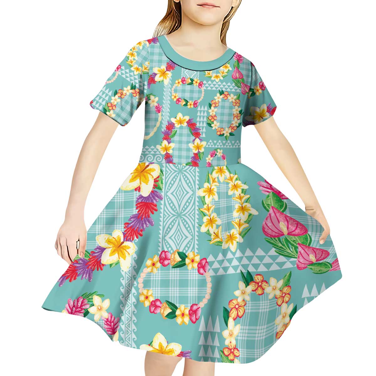 Hawaiian Leis Kid Short Sleeve Dress Kakau Tattoos and Palaka Pastel Teal Color LT03 - Polynesian Pride