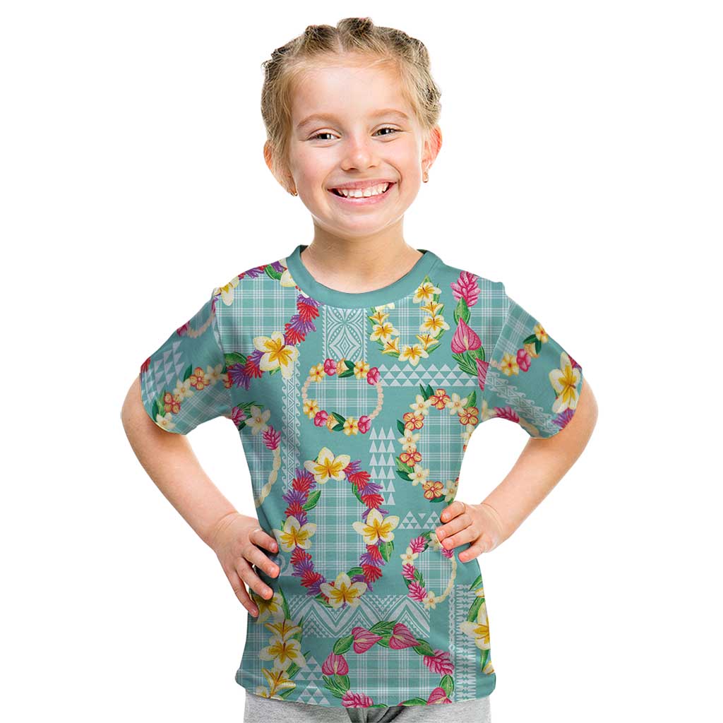 Hawaiian Leis Kid T Shirt Kakau Tattoos and Palaka Pastel Teal Color LT03 Teal - Polynesian Pride