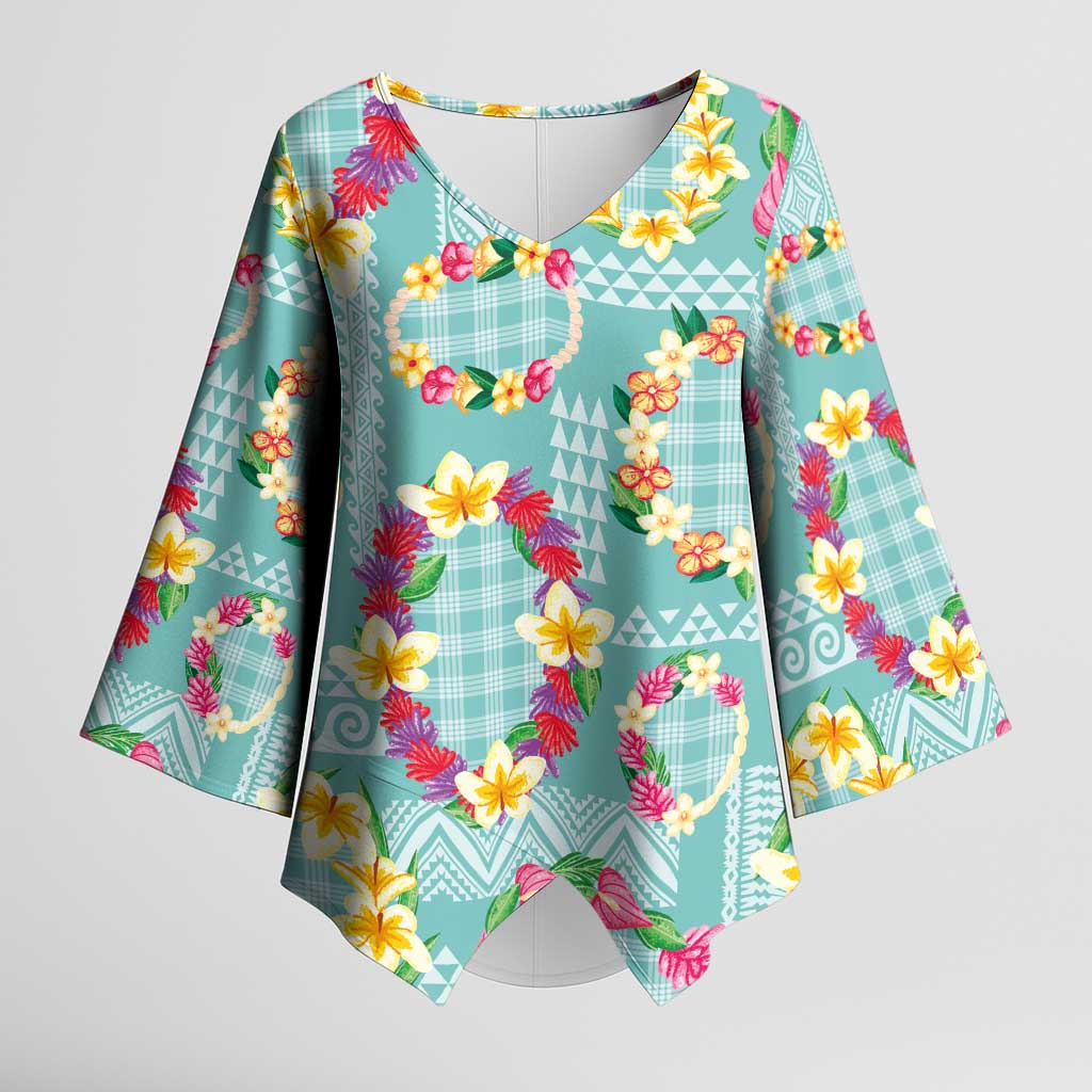 Hawaiian Leis Kimono Sleeve Blouse Kakau Tattoos and Palaka Pastel Teal Color LT03 Female Teal - Polynesian Pride