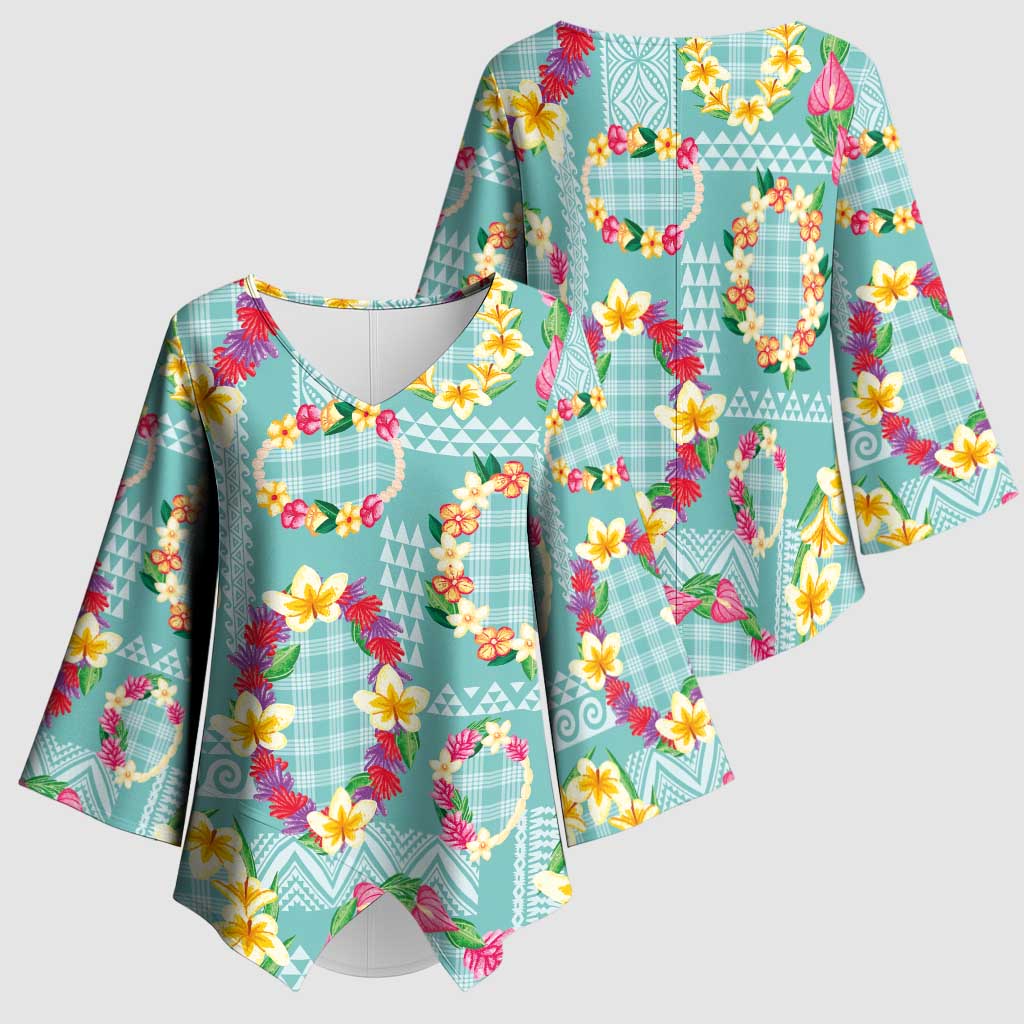 Hawaiian Leis Kimono Sleeve Blouse Kakau Tattoos and Palaka Pastel Teal Color LT03 - Polynesian Pride