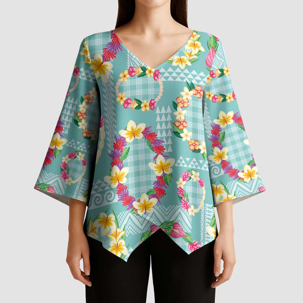 Hawaiian Leis Kimono Sleeve Blouse Kakau Tattoos and Palaka Pastel Teal Color LT03 - Polynesian Pride