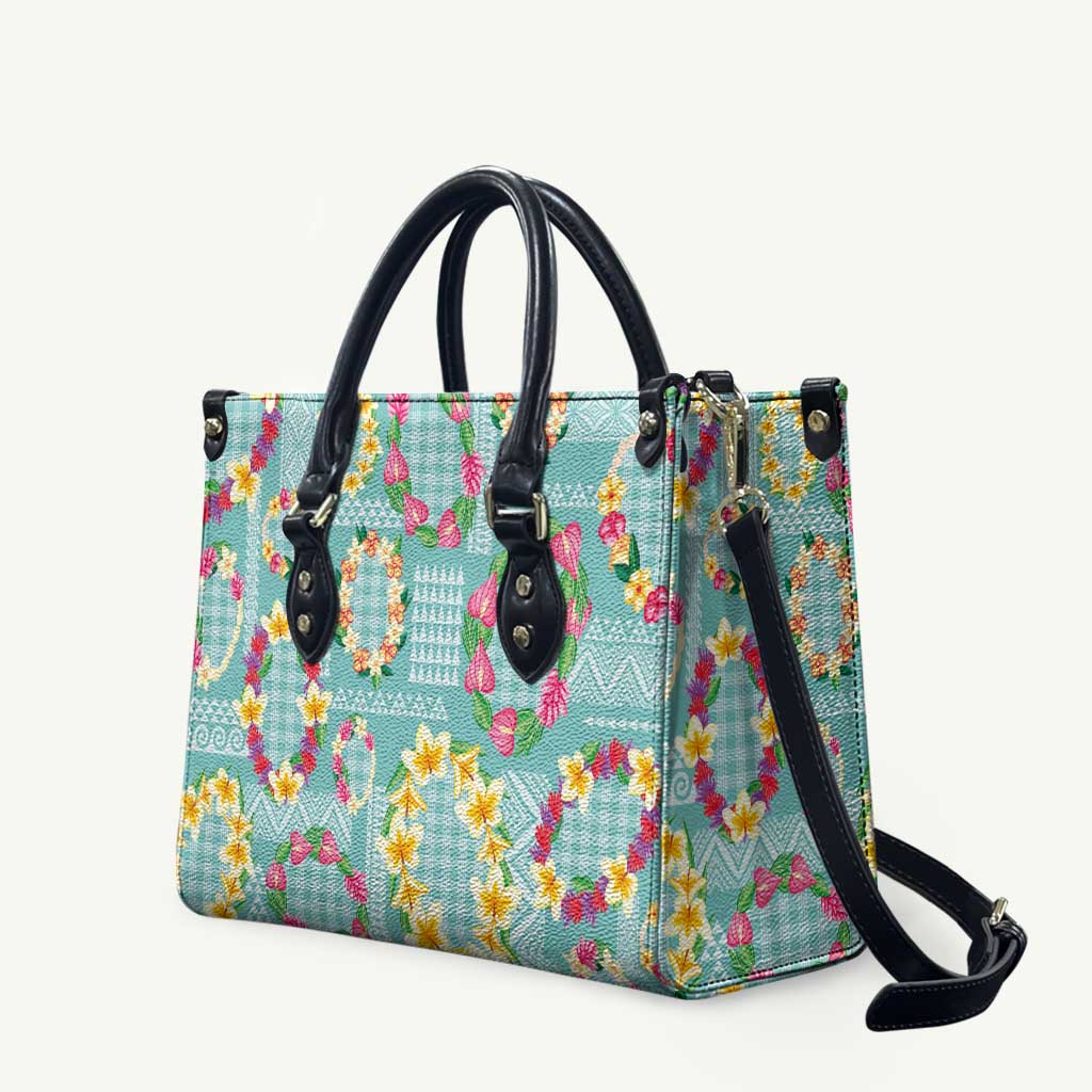 Hawaiian Leis Leather Bag Kakau Tattoos and Palaka Pastel Teal Color