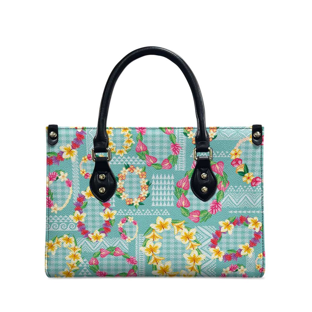 Hawaiian Leis Leather Bag Kakau Tattoos and Palaka Pastel Teal Color