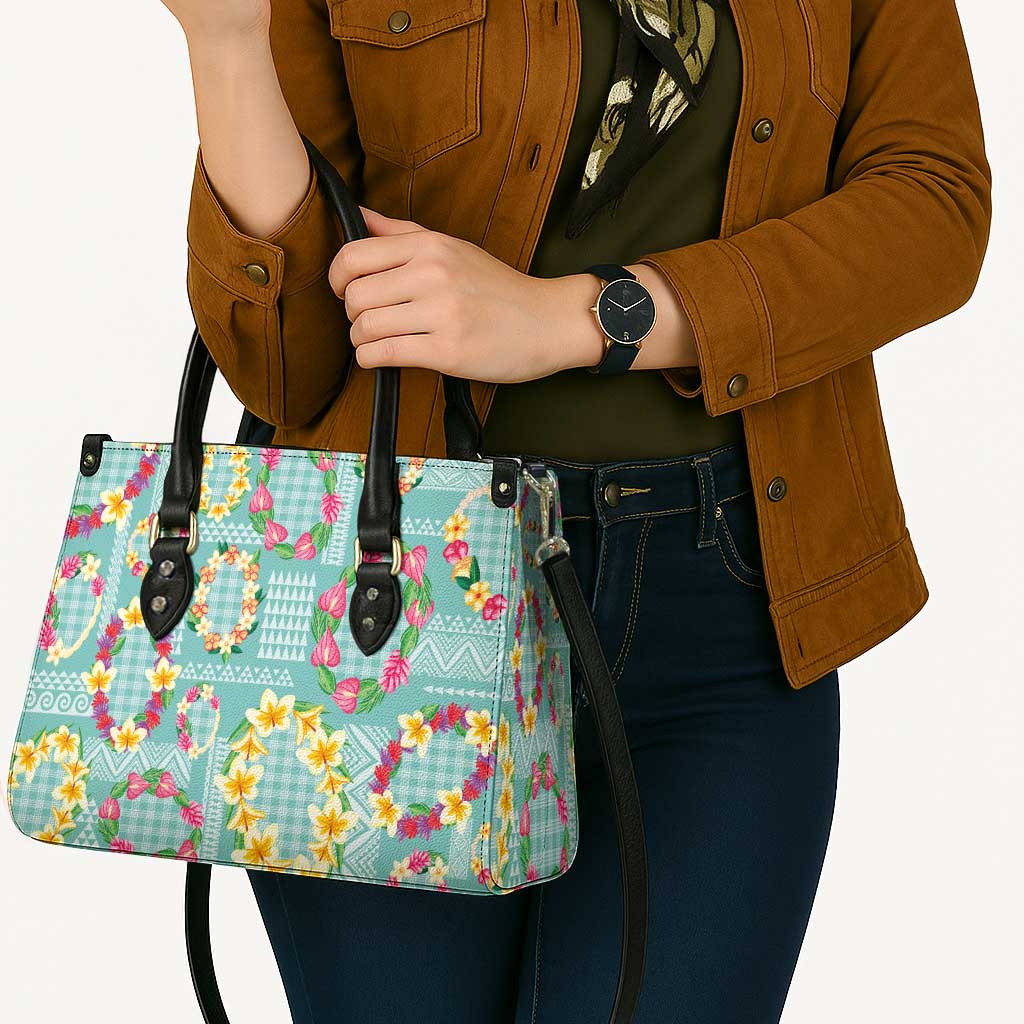 Hawaiian Leis Leather Bag Kakau Tattoos and Palaka Pastel Teal Color
