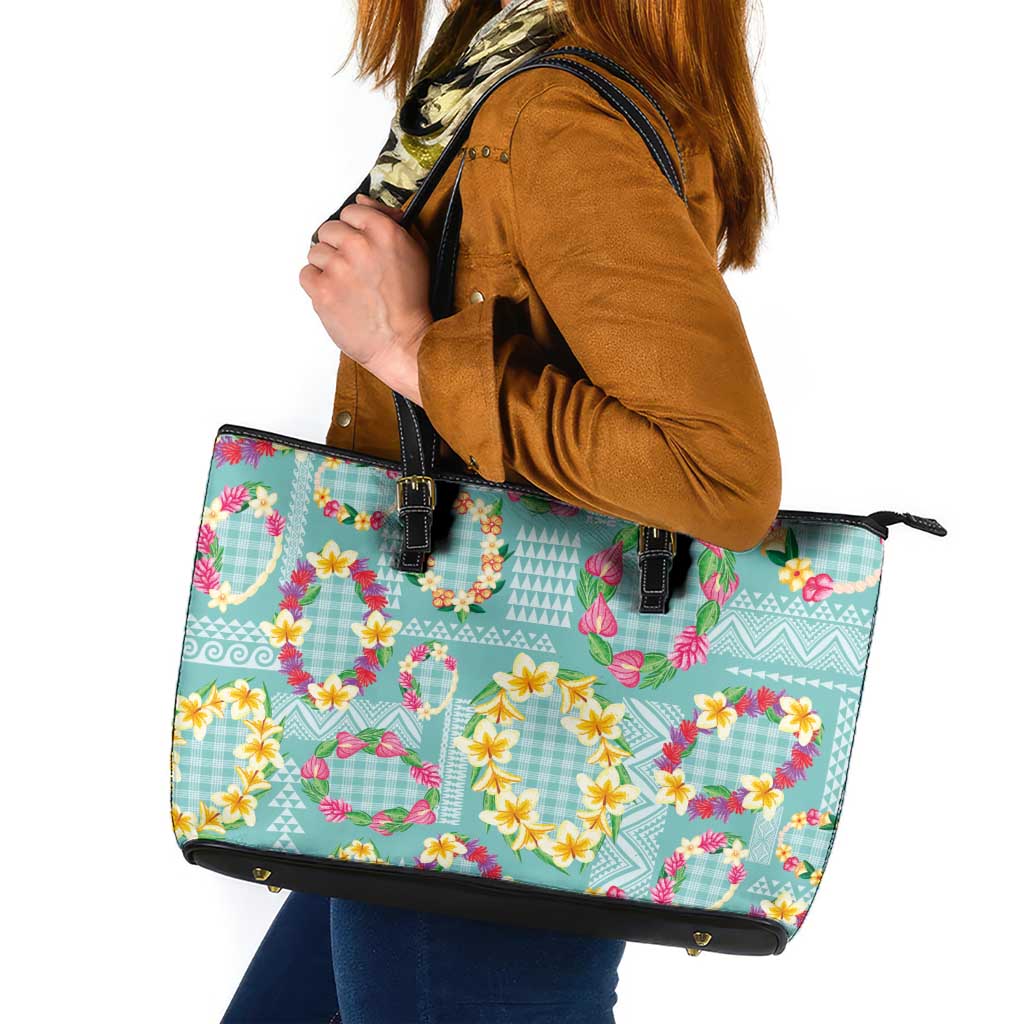 Hawaiian Leis Leather Tote Bag Kakau Tattoos and Palaka Pastel Teal Color LT03 Teal - Polynesian Pride