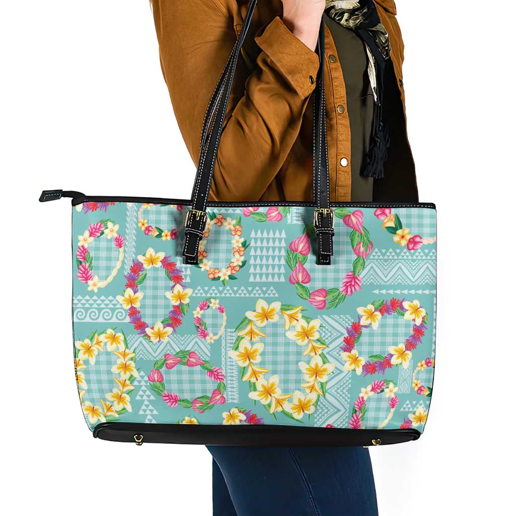 Hawaiian Leis Leather Tote Bag Kakau Tattoos and Palaka Pastel Teal Color LT03 - Polynesian Pride