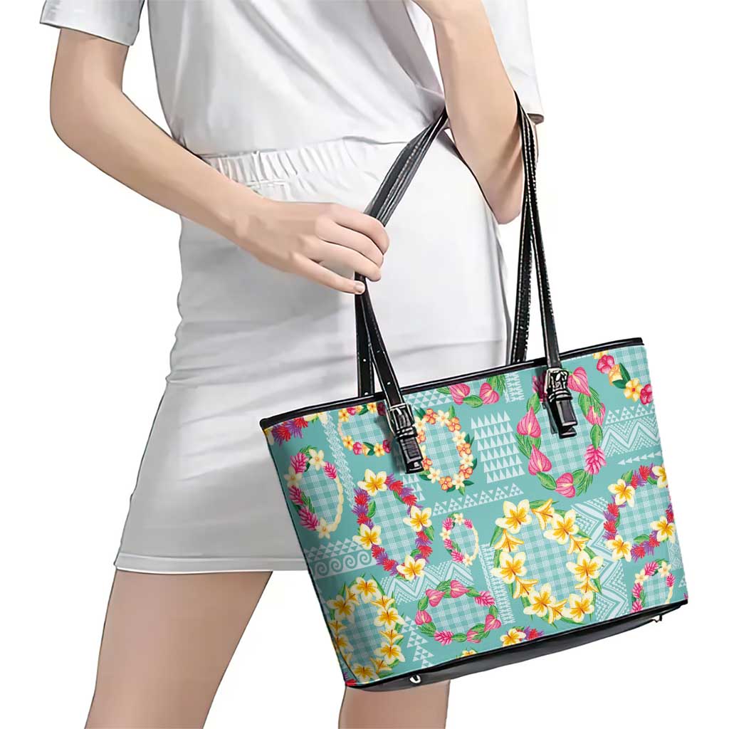 Hawaiian Leis Leather Tote Bag Kakau Tattoos and Palaka Pastel Teal Color LT03 - Polynesian Pride
