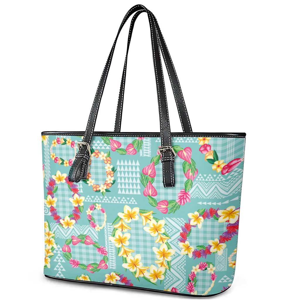 Hawaiian Leis Leather Tote Bag Kakau Tattoos and Palaka Pastel Teal Color LT03 - Polynesian Pride
