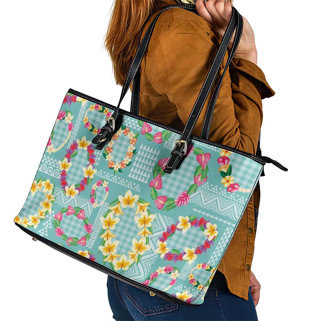 Hawaiian Leis Leather Tote Bag Kakau Tattoos and Palaka Pastel Teal Color LT03 - Polynesian Pride