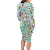 Hawaiian Leis Long Sleeve Bodycon Dress Kakau Tattoos and Palaka Pastel Teal Color