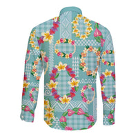 Hawaiian Leis Long Sleeve Button Shirt Kakau Tattoos and Palaka Pastel Teal Color LT03 - Polynesian Pride