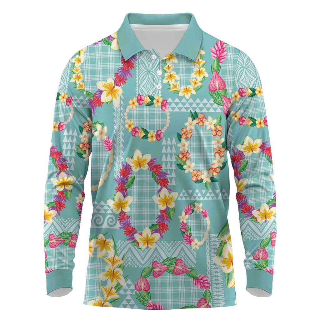 Hawaiian Leis Long Sleeve Polo Shirt Kakau Tattoos and Palaka Pastel Teal Color LT03 Teal - Polynesian Pride