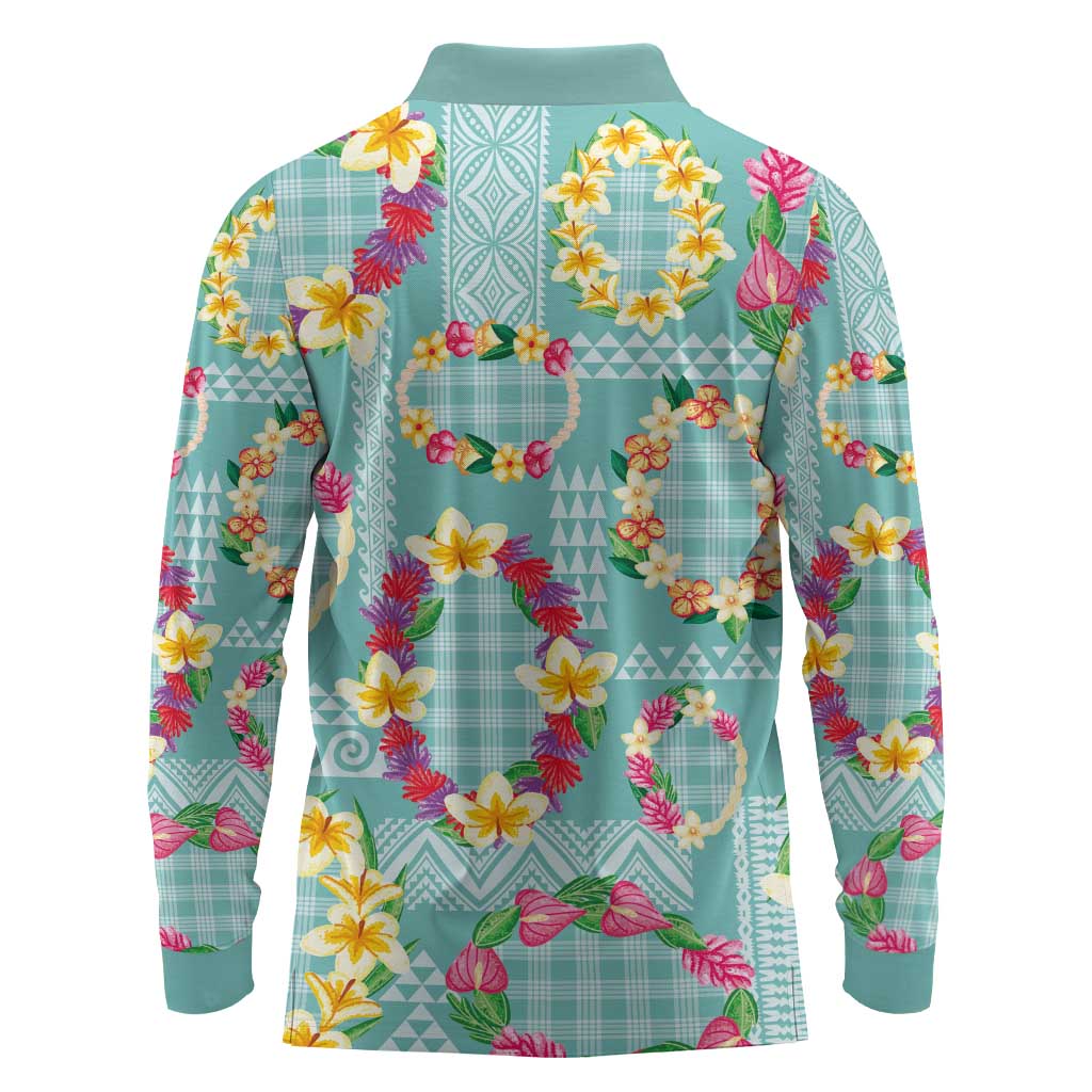 Hawaiian Leis Long Sleeve Polo Shirt Kakau Tattoos and Palaka Pastel Teal Color LT03 - Polynesian Pride