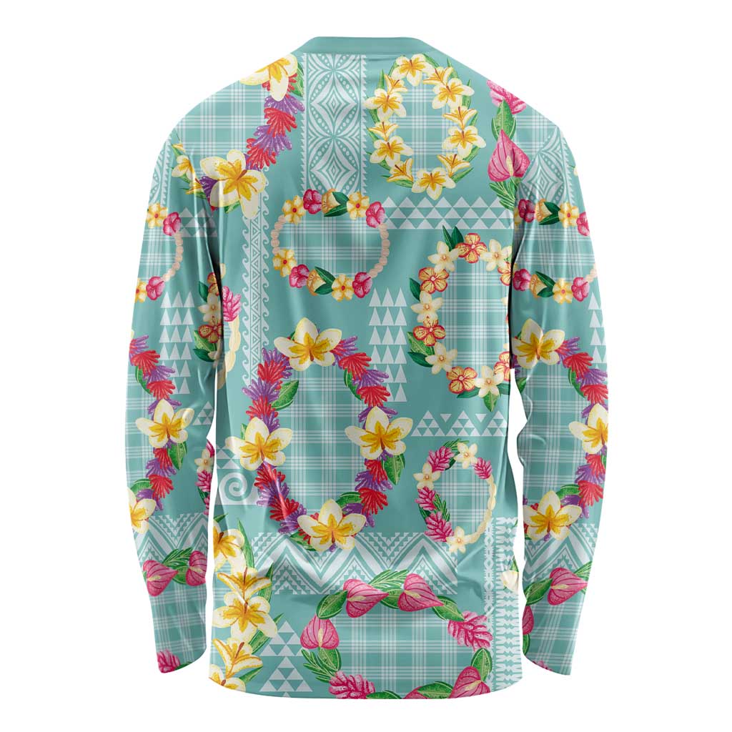 Hawaiian Leis Long Sleeve Shirt Kakau Tattoos and Palaka Pastel Teal Color LT03 - Polynesian Pride