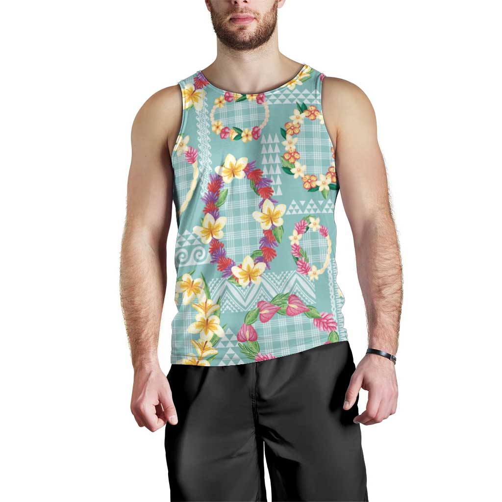 Hawaiian Leis Men Tank Top Kakau Tattoos and Palaka Pastel Teal Color LT03 - Polynesian Pride