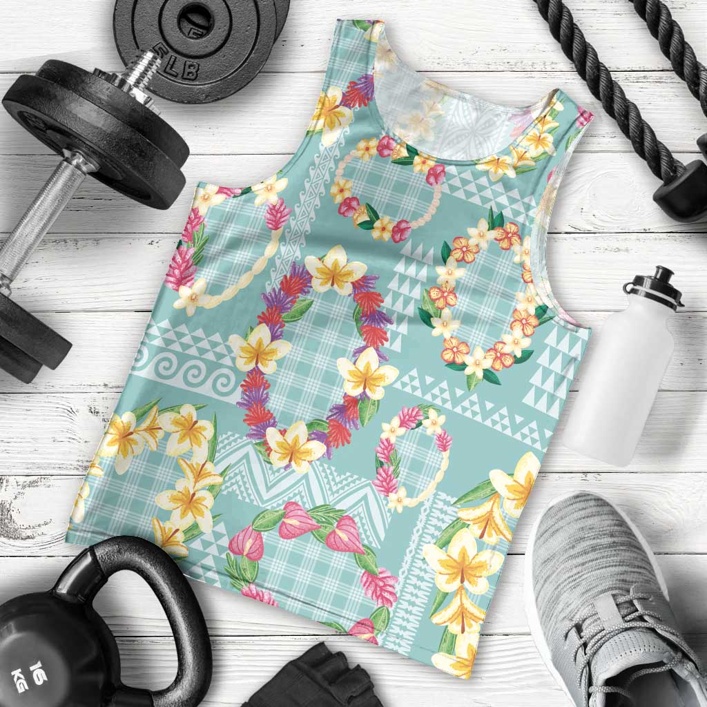 Hawaiian Leis Men Tank Top Kakau Tattoos and Palaka Pastel Teal Color LT03 - Polynesian Pride