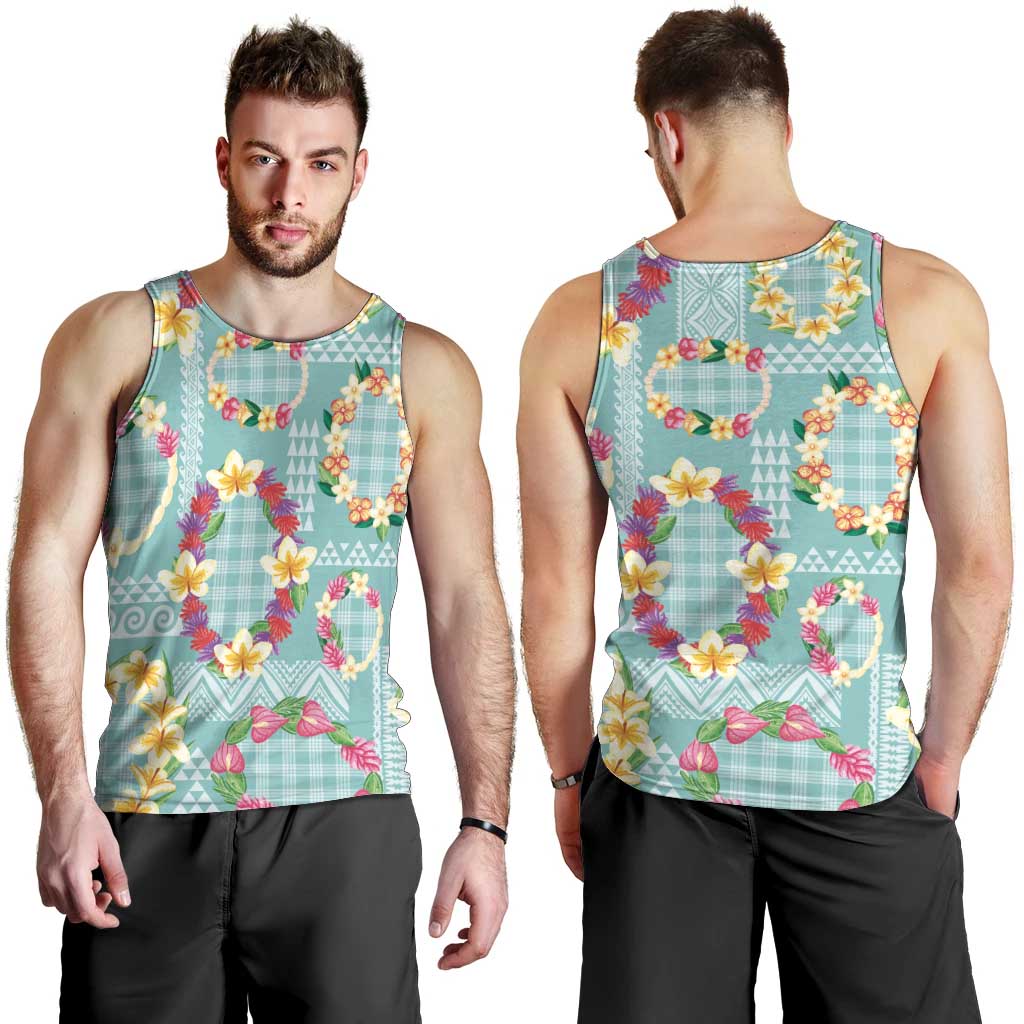 Hawaiian Leis Men Tank Top Kakau Tattoos and Palaka Pastel Teal Color LT03 - Polynesian Pride