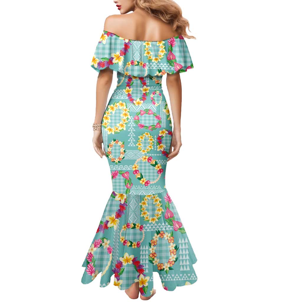 Hawaiian Leis Mermaid Dress Kakau Tattoos and Palaka Pastel Teal Color