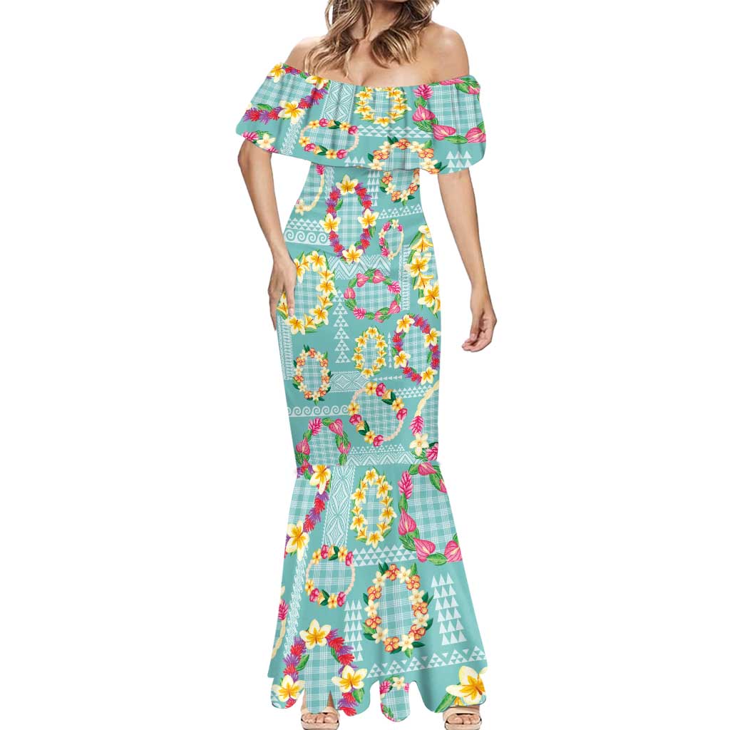 Hawaiian Leis Mermaid Dress Kakau Tattoos and Palaka Pastel Teal Color