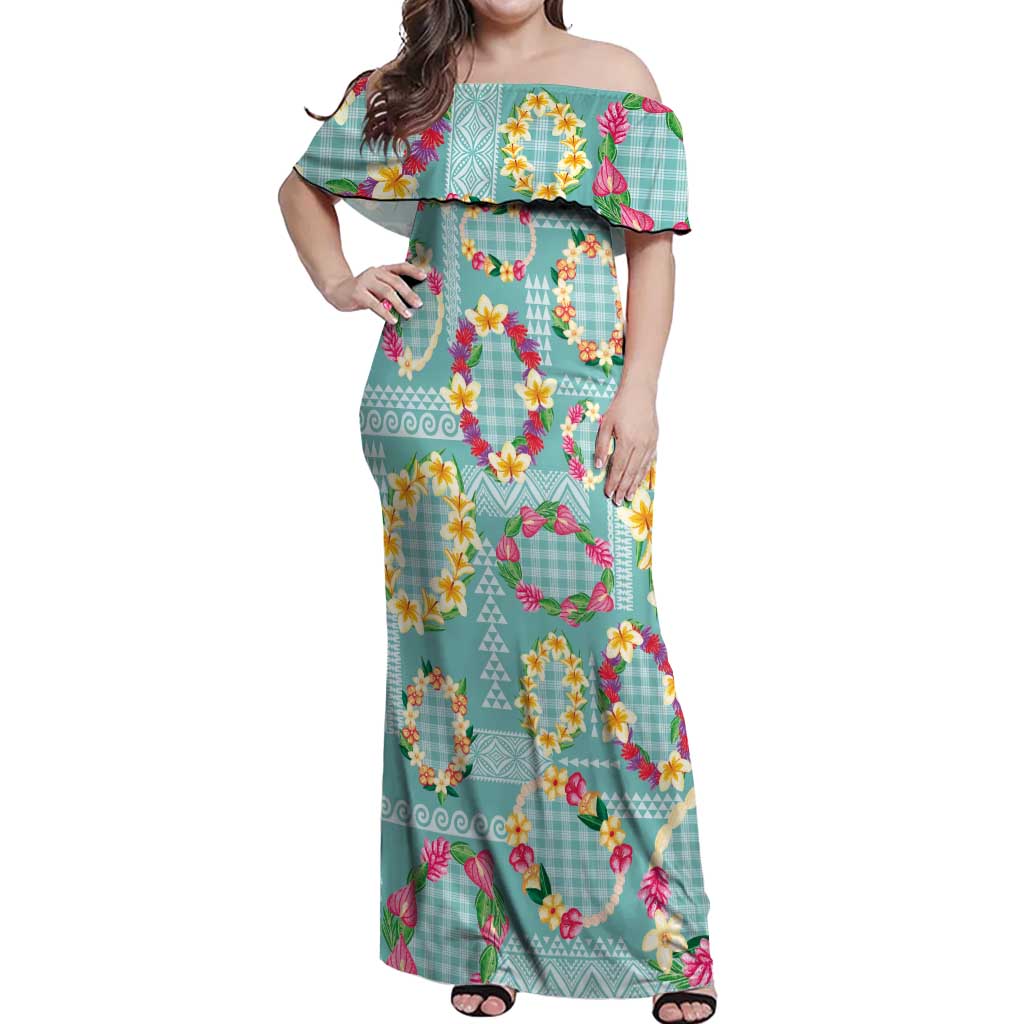 Hawaiian Leis Off Shoulder Maxi Dress Kakau Tattoos and Palaka Pastel Teal Color LT03 Women Teal - Polynesian Pride