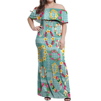 Hawaiian Leis Off Shoulder Maxi Dress Kakau Tattoos and Palaka Pastel Teal Color LT03 Women Teal - Polynesian Pride