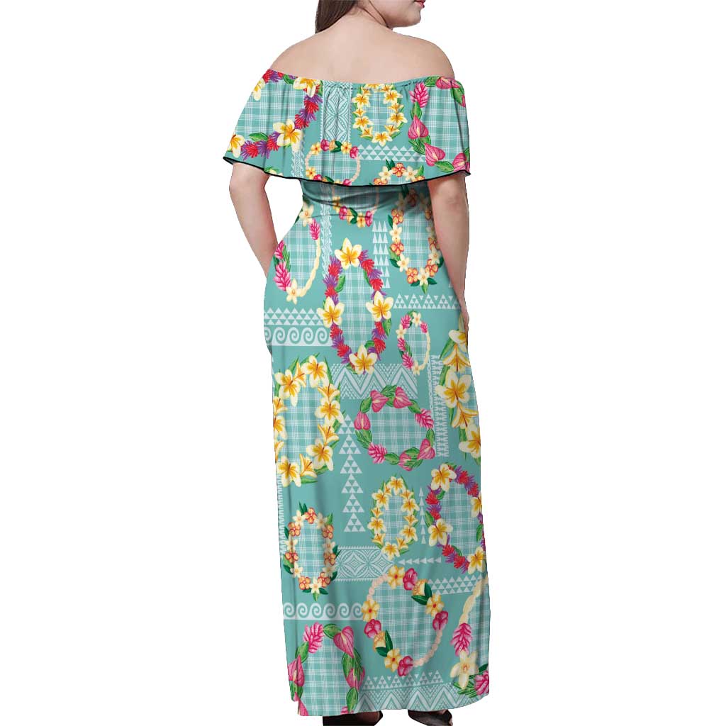 Hawaiian Leis Off Shoulder Maxi Dress Kakau Tattoos and Palaka Pastel Teal Color LT03 - Polynesian Pride