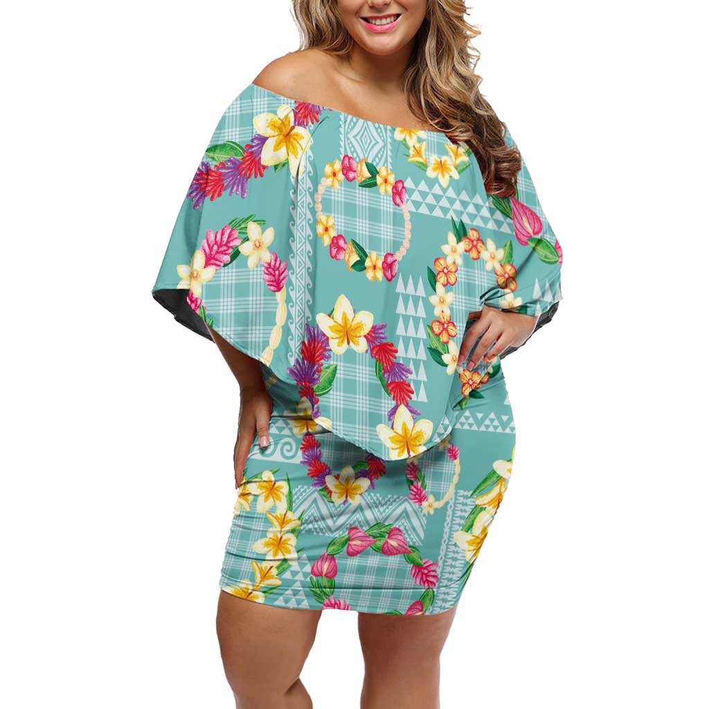 Hawaiian Leis Off Shoulder Short Dress Kakau Tattoos and Palaka Pastel Teal Color LT03 Women Teal - Polynesian Pride