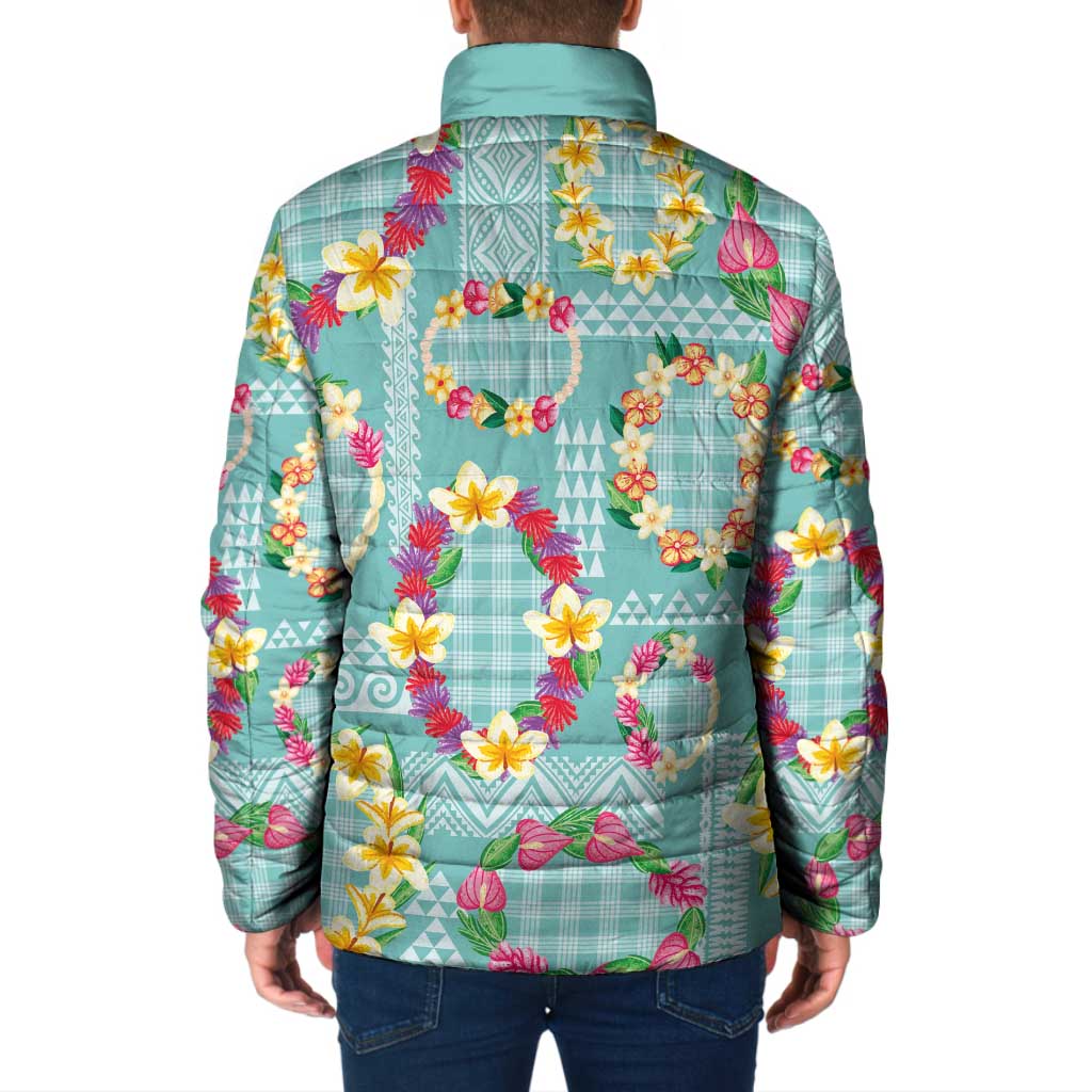 Hawaiian Leis Padded Jacket Kakau Tattoos and Palaka Pastel Teal Color LT03 - Polynesian Pride