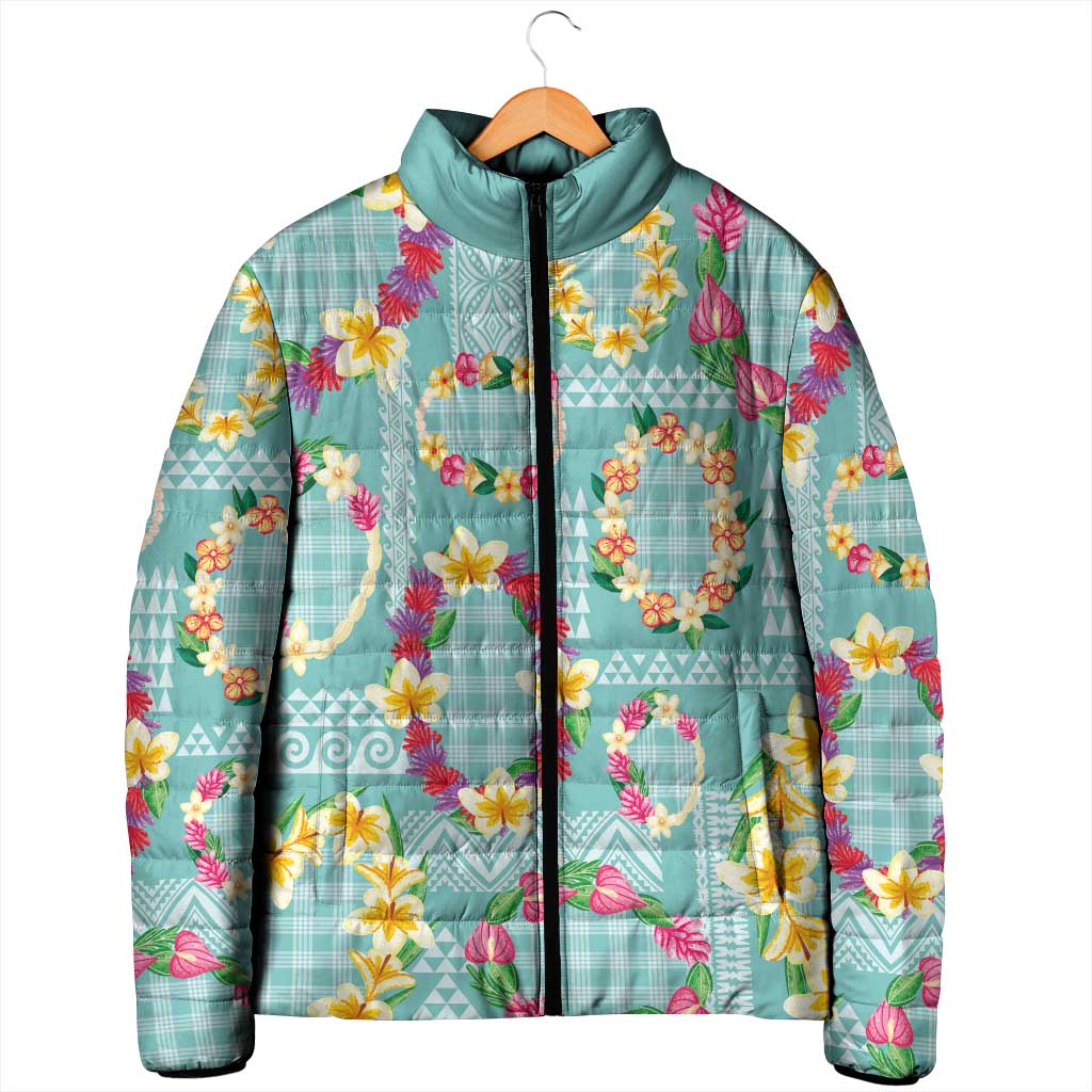 Hawaiian Leis Padded Jacket Kakau Tattoos and Palaka Pastel Teal Color LT03 - Polynesian Pride