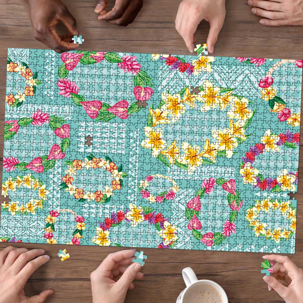 Hawaiian Leis Puzzle Kakau Tattoos and Palaka Pastel Teal Color LT03 - Polynesian Pride