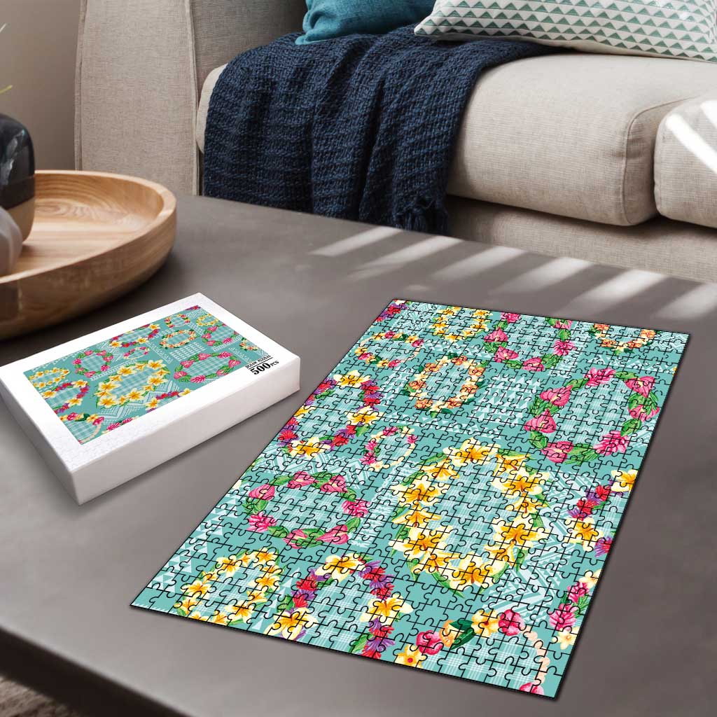 Hawaiian Leis Puzzle Kakau Tattoos and Palaka Pastel Teal Color LT03 - Polynesian Pride