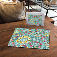 Hawaiian Leis Puzzle Kakau Tattoos and Palaka Pastel Teal Color LT03 - Polynesian Pride