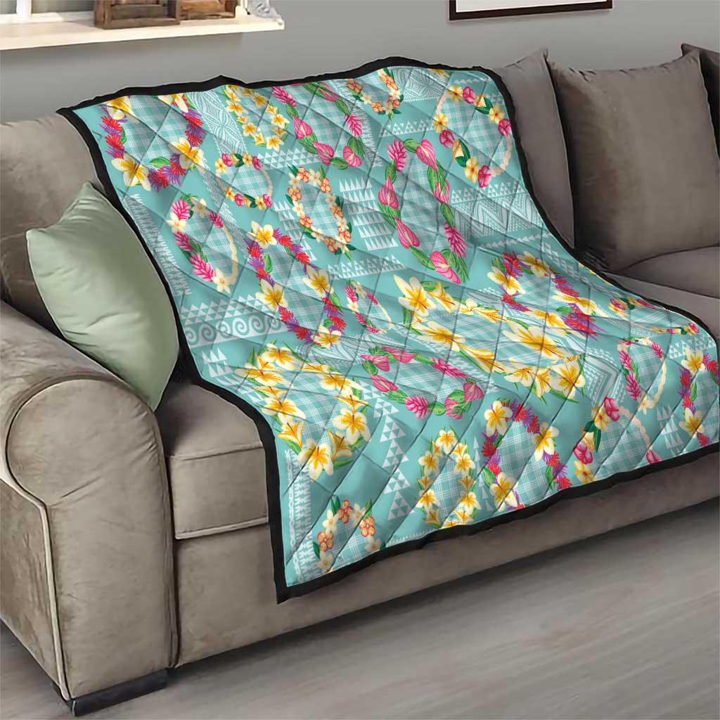 Hawaiian Leis Quilt Kakau Tattoos and Palaka Pastel Teal Color LT03 - Polynesian Pride