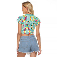 Hawaiian Leis Raglan Cropped T Shirt Kakau Tattoos and Palaka Pastel Teal Color LT03 - Polynesian Pride