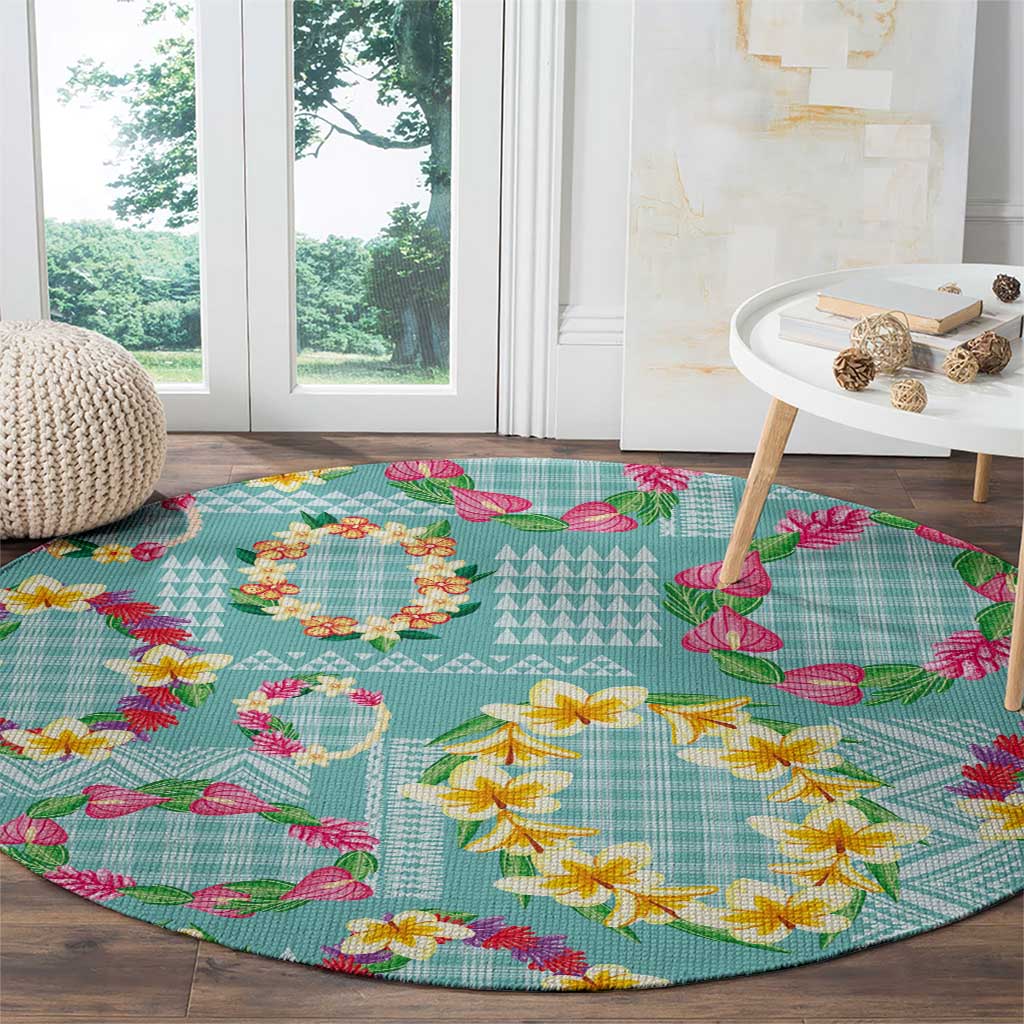 Hawaiian Leis Round Carpet Kakau Tattoos and Palaka Pastel Teal Color LT03 - Polynesian Pride