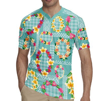 Hawaiian Leis Rugby Jersey Kakau Tattoos and Palaka Pastel Teal Color LT03 - Polynesian Pride