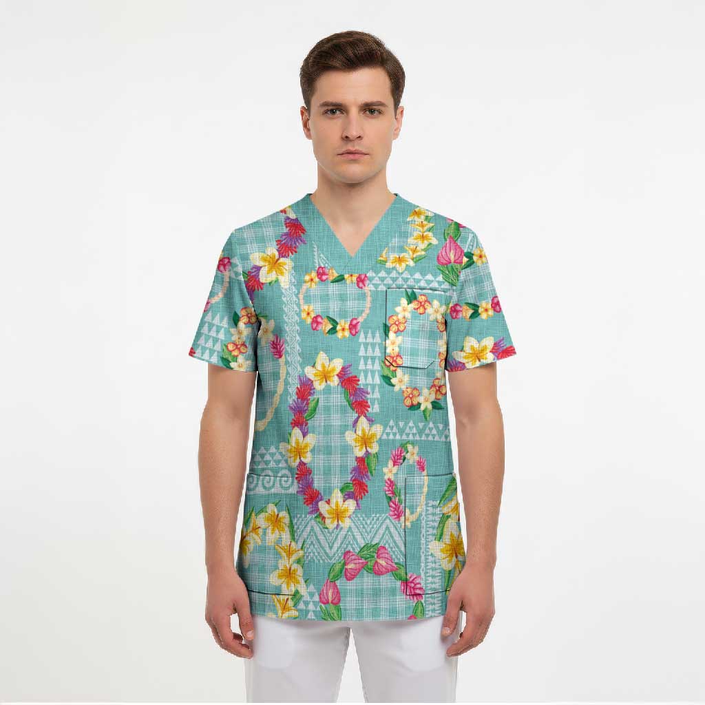Hawaiian Leis Scrub Top Kakau Tattoos and Palaka Pastel Teal Color