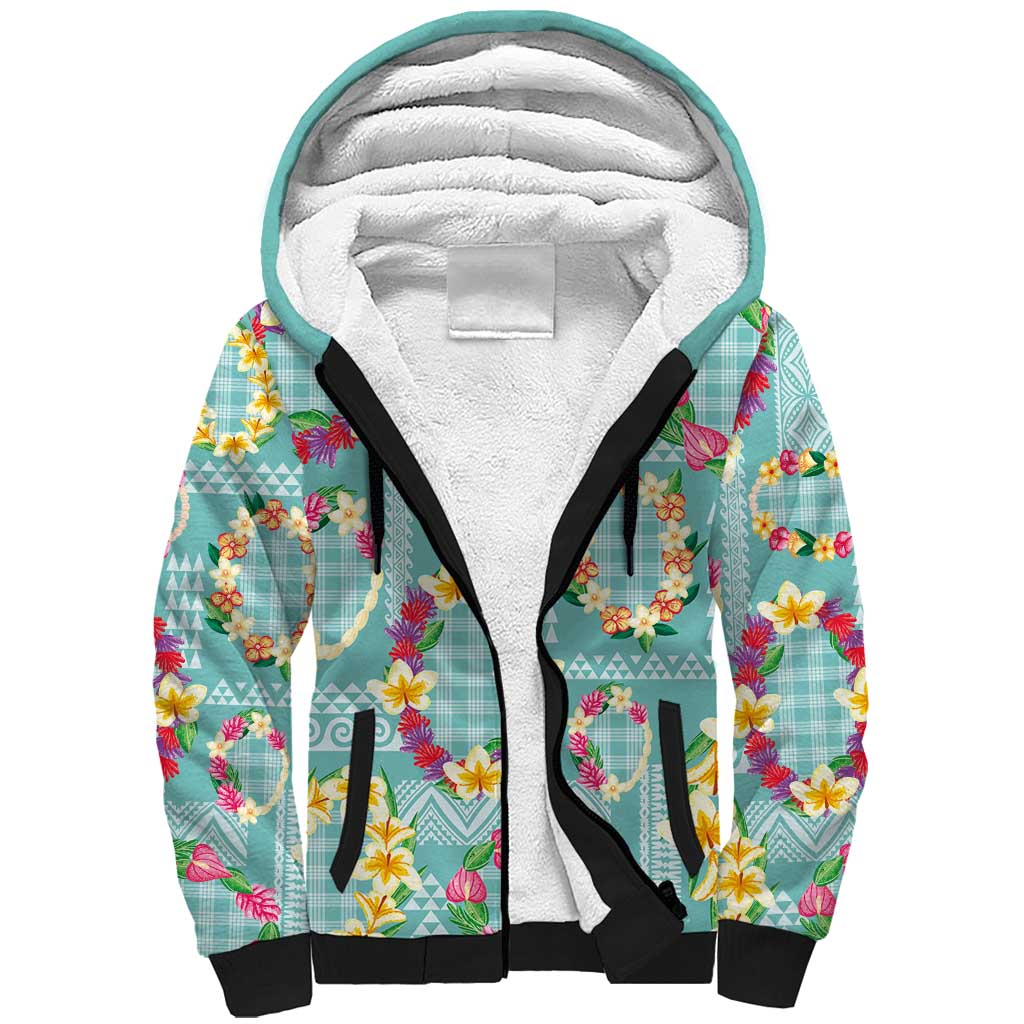 Hawaiian Leis Sherpa Hoodie Kakau Tattoos and Palaka Pastel Teal Color LT03 Unisex Teal - Polynesian Pride